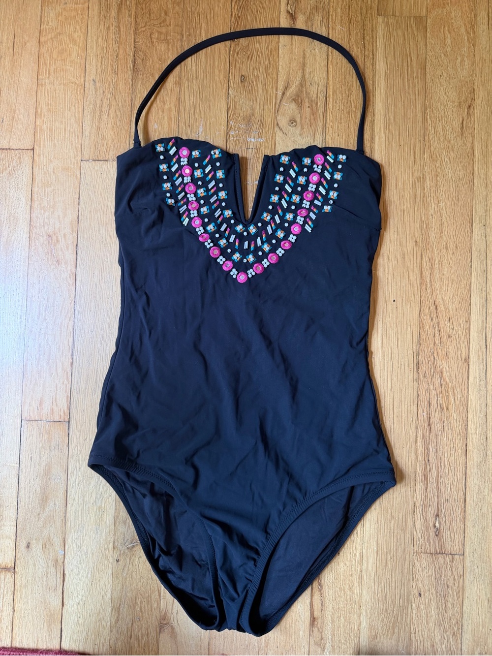 Natori Black One-Piece Swimsuit with Pink & Turquoise Beaded V-Neck